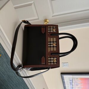Burberry Black and Brown Plaid Top-Handle Satchel with Detachable Strap